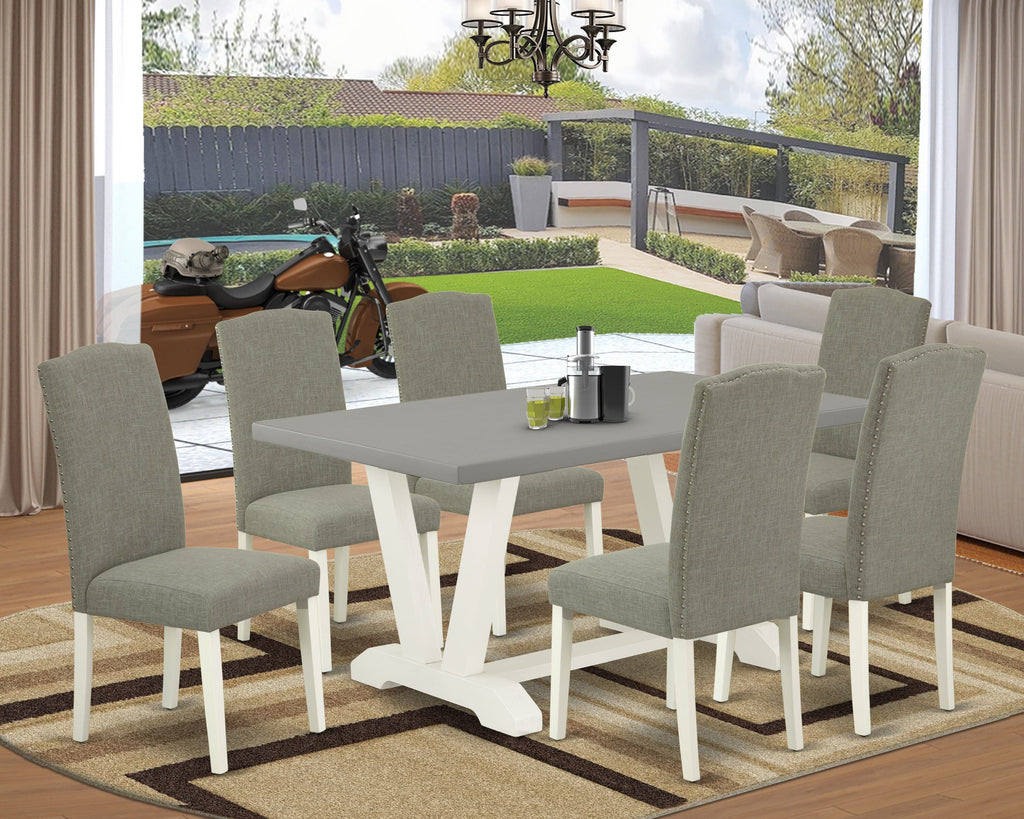 V096EH1YZ-L 7-Piece Set with V-Leg Table and 6 Linen Parsons Chairs, Multi-Color, 36x60 Inch