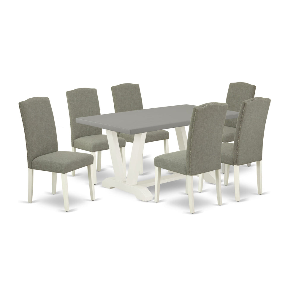 V096EH1YZ-L 7-Piece Set with V-Leg Table and 6 Linen Parsons Chairs, Multi-Color, 36x60 Inch