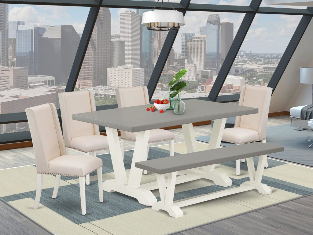 V096FKNMX-2 Dining Set 6-Piece Rectangle Table with V-Legs, 4 Cream Chairs, Bench, 36x60, Multi-Color