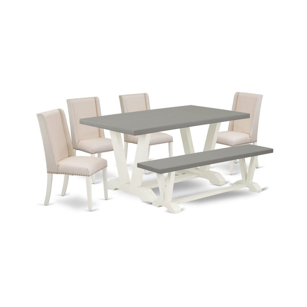 V096FKNMX-2 Dining Set 6-Piece Rectangle Table with V-Legs, 4 Cream Chairs, Bench, 36x60, Multi-Color