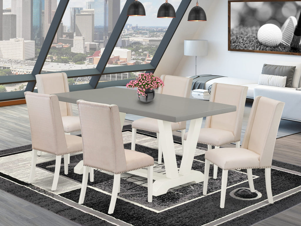 V096FTAK3-E 7-Piece Dining Set with Rectangular Table and Cream Parson Chairs, V-Leg Design, Multi-Color