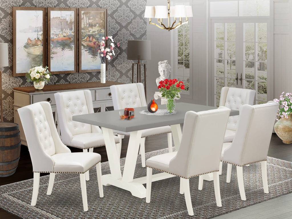 V096FWXX8-Y 7 Piece Rectangle Dining Set with V-Legs and 6 Faux Leather Chairs, Multi-Color, 36x60 Inch