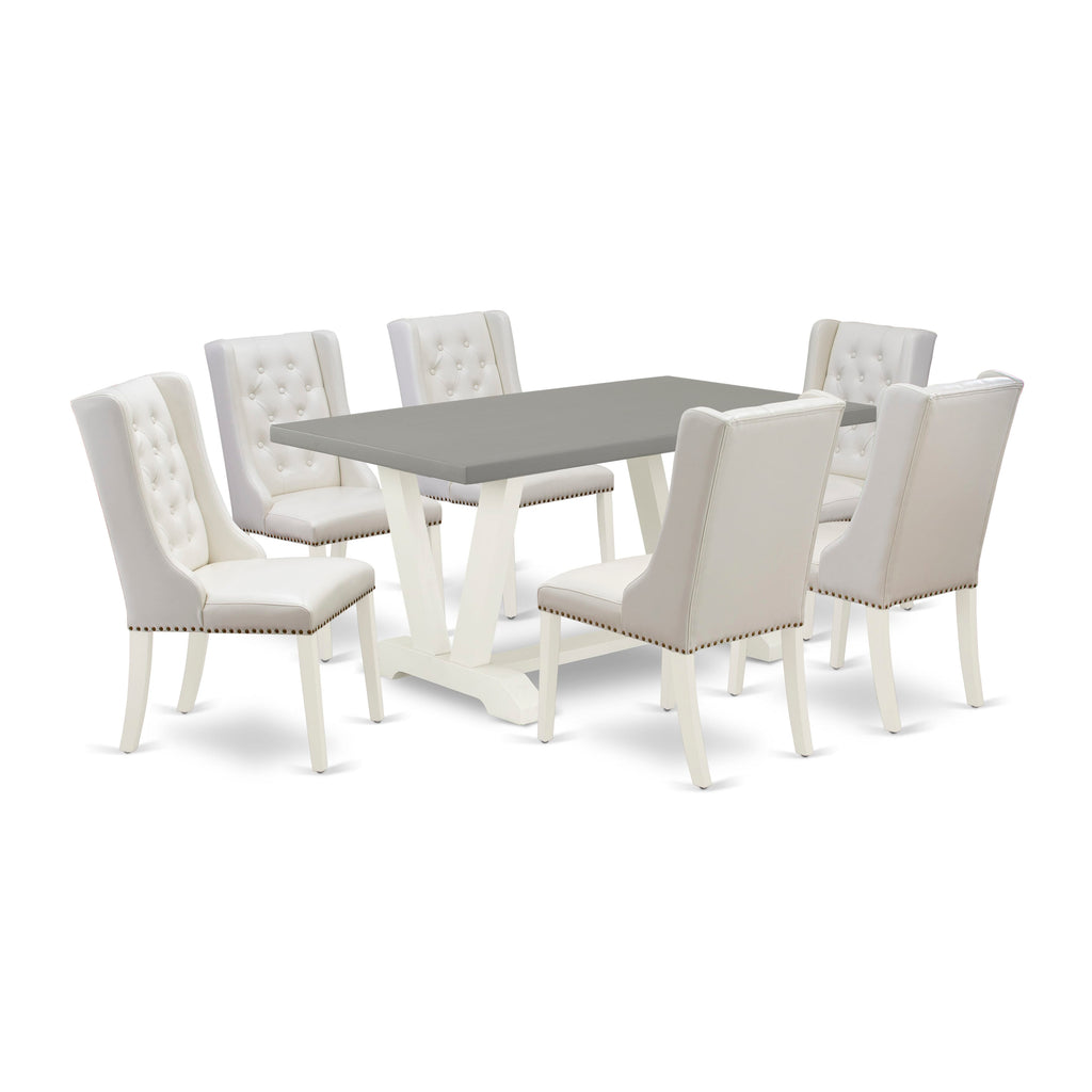 V096FWXX8-Y 7 Piece Rectangle Dining Set with V-Legs and 6 Faux Leather Chairs, Multi-Color, 36x60 Inch