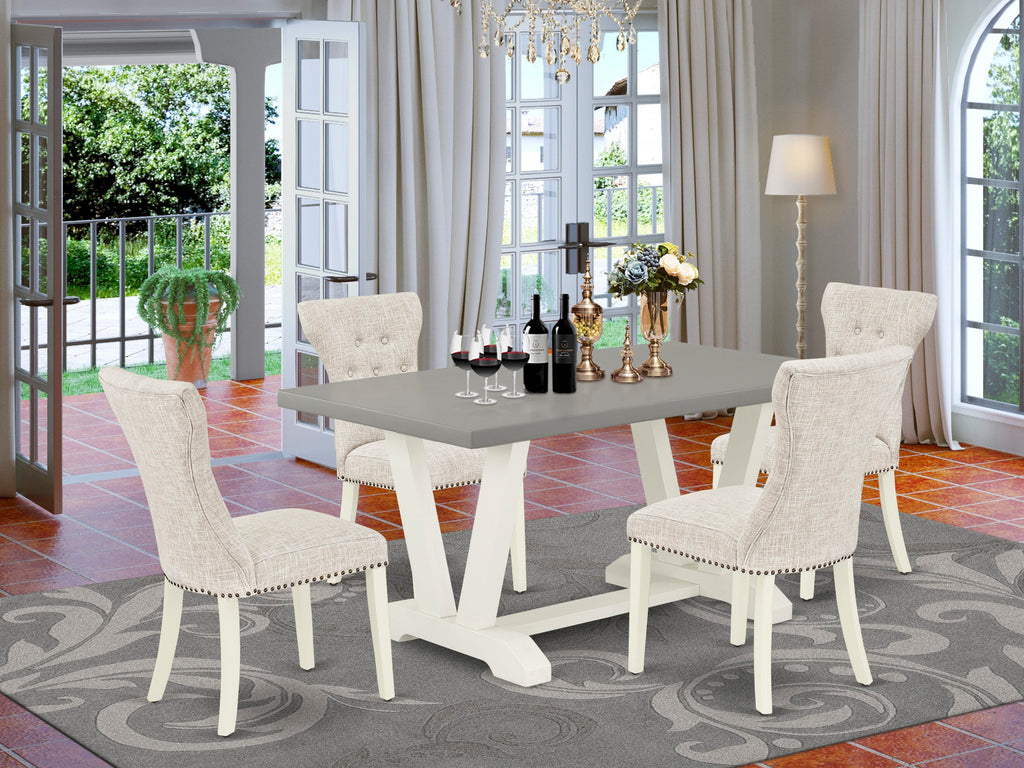 V096GWOW8-2 5-Piece Dining Set with Rectangular Table & V-Leg Design and Elegant Doeskin Upholstered Chairs