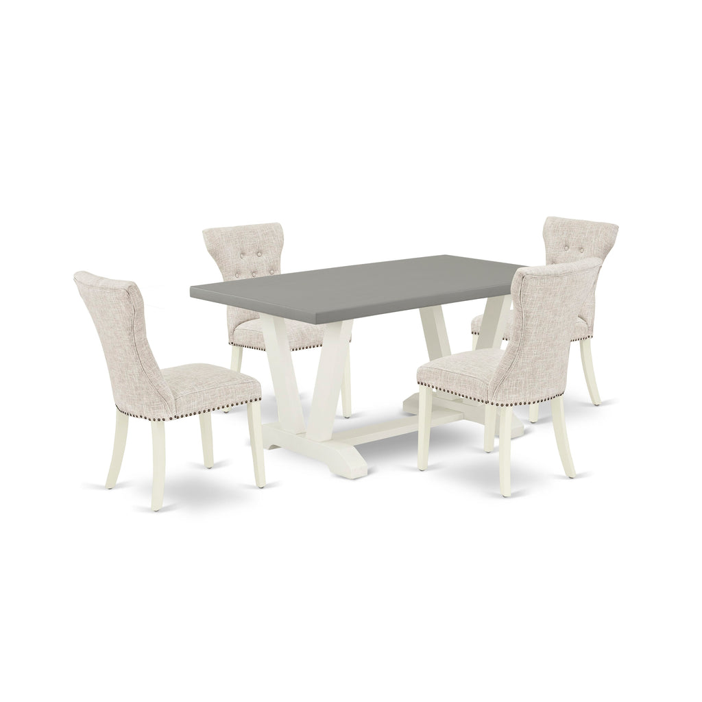 V096GWOW8-2 5-Piece Dining Set with Rectangular Table & V-Leg Design and Elegant Doeskin Upholstered Chairs
