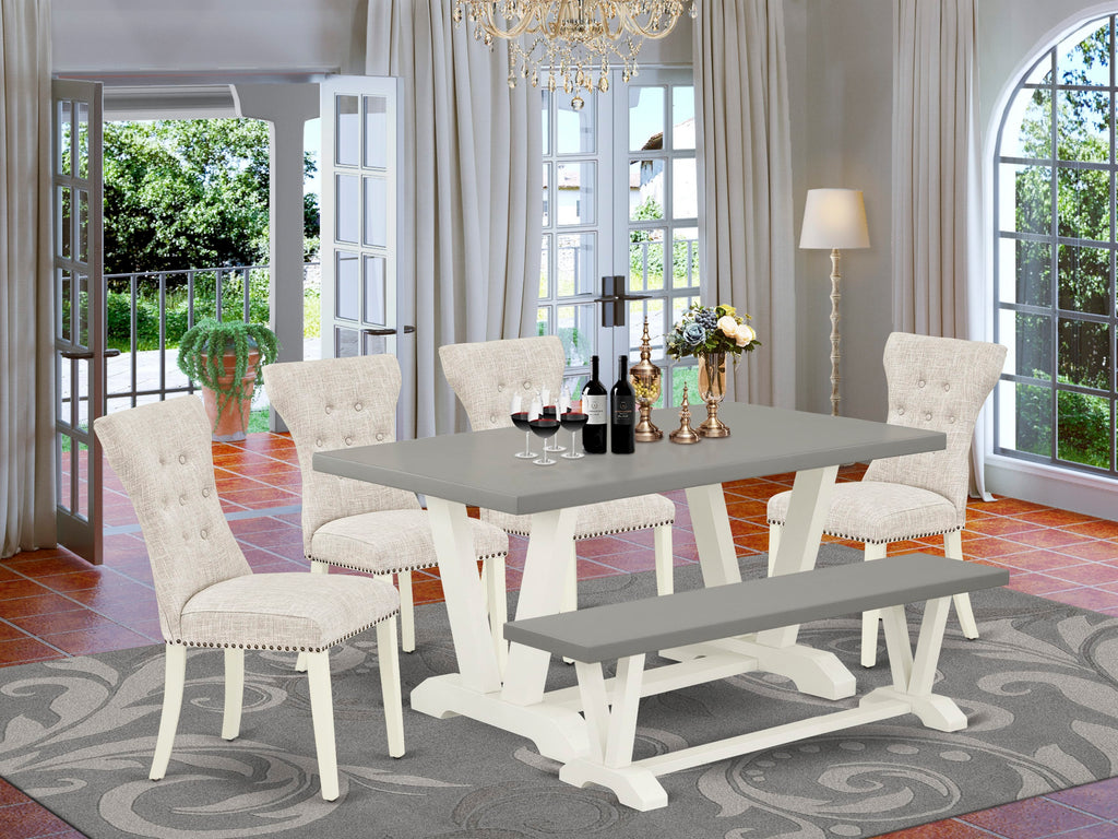 V096G702B-1 Elegance Six-Piece Dining Set with V-Leg Table, Linen Parson Chairs & Bench, Multi-Hued Finish