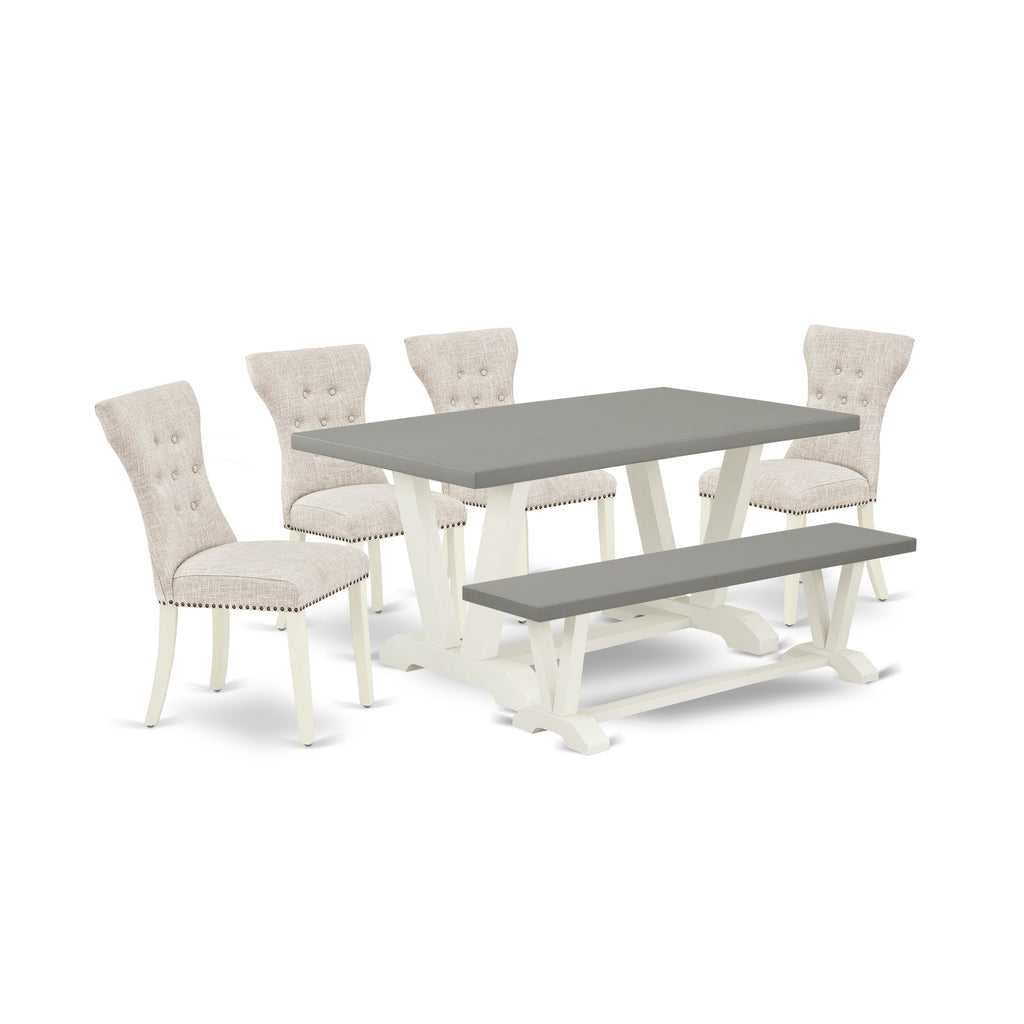 V096G702B-1 Elegance Six-Piece Dining Set with V-Leg Table, Linen Parson Chairs & Bench, Multi-Hued Finish