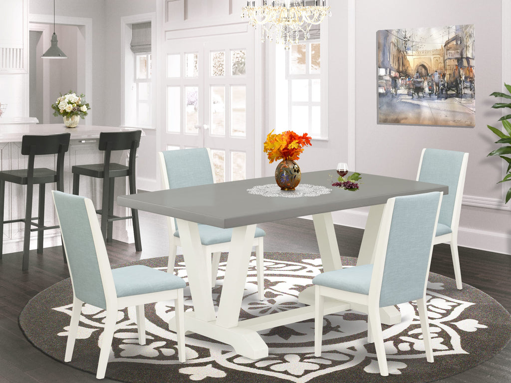 Revamp Your Dining Space with V096L069L-0 5 Piece Dining Set Featuring V-Leg Table and Baby Blue Parson Chairs, 36x60 Inch