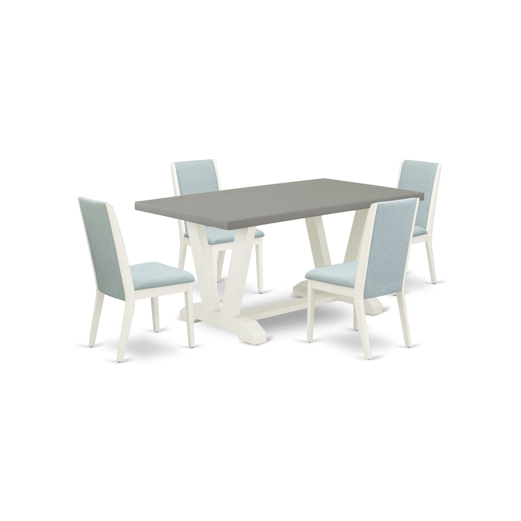 Revamp Your Dining Space with V096L069L-0 5 Piece Dining Set Featuring V-Leg Table and Baby Blue Parson Chairs, 36x60 Inch