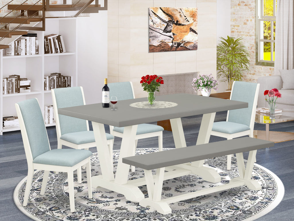V096L3UMO-D Elegant 6-Piece Dining Ensemble with Rectangular Table, Upholstered Chairs & Bench, Multi-Hue