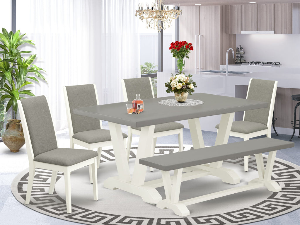 V096LNQ52-L 6-Piece Rectangle Dining Set with V-Legs, Chairs & Bench, Shitake Upholstery, 36x60