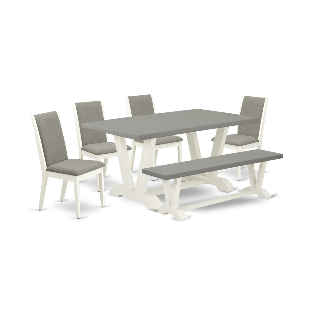 V096LNQ52-L 6-Piece Rectangle Dining Set with V-Legs, Chairs & Bench, Shitake Upholstery, 36x60