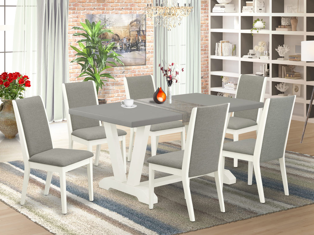 V096LPHLC-6 7 Pc Dining Set - Rectangle Table with Unique V-Legs & 6 Elegant Linen Chairs - 36x60 Multi-Color Ensemble