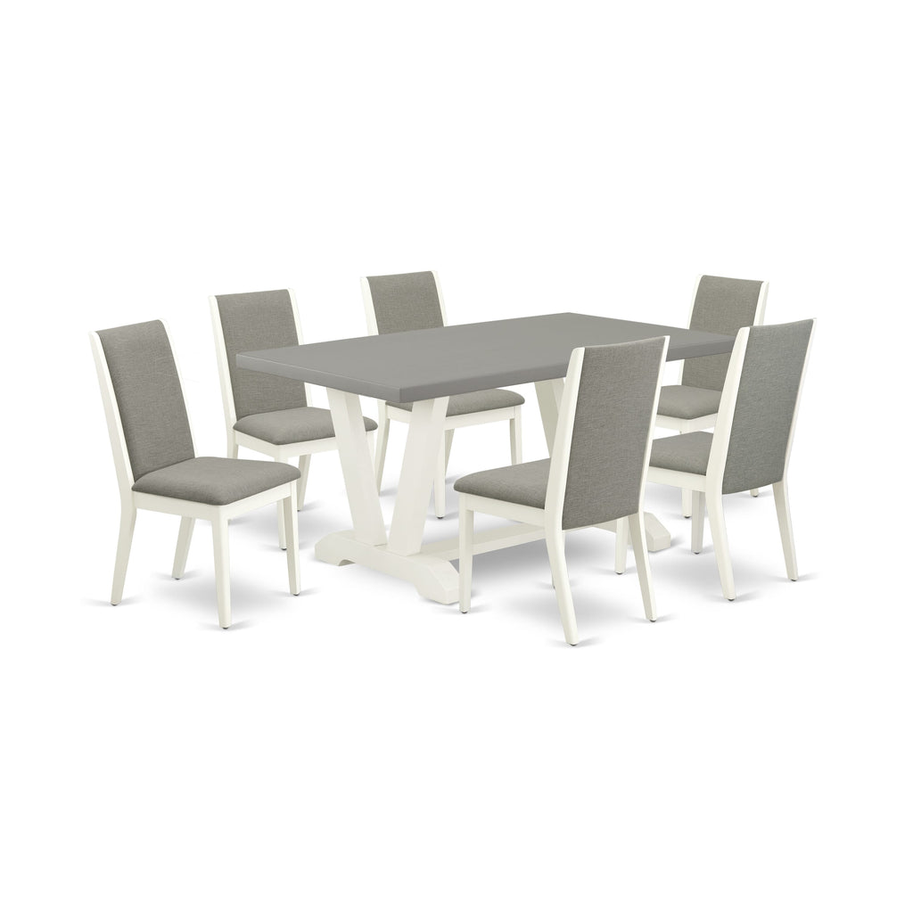 V096LPHLC-6 7 Pc Dining Set - Rectangle Table with Unique V-Legs & 6 Elegant Linen Chairs - 36x60 Multi-Color Ensemble