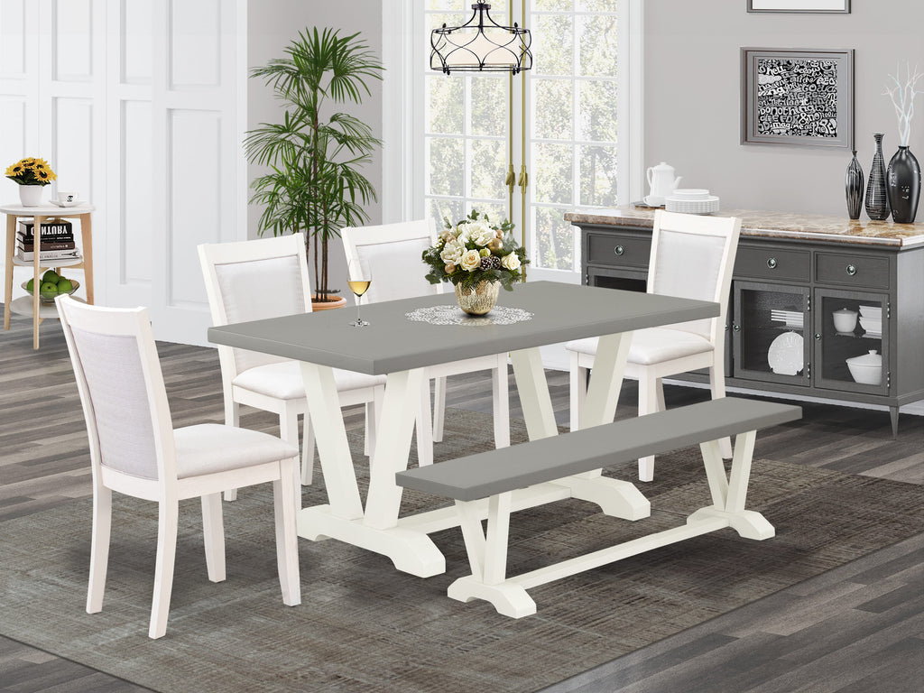 V096M1Z8Y-L Dining Ensemble Elegant 6-Piece Set with V-Leg Table, 4 Cream Parsons, and Bench - 36x60