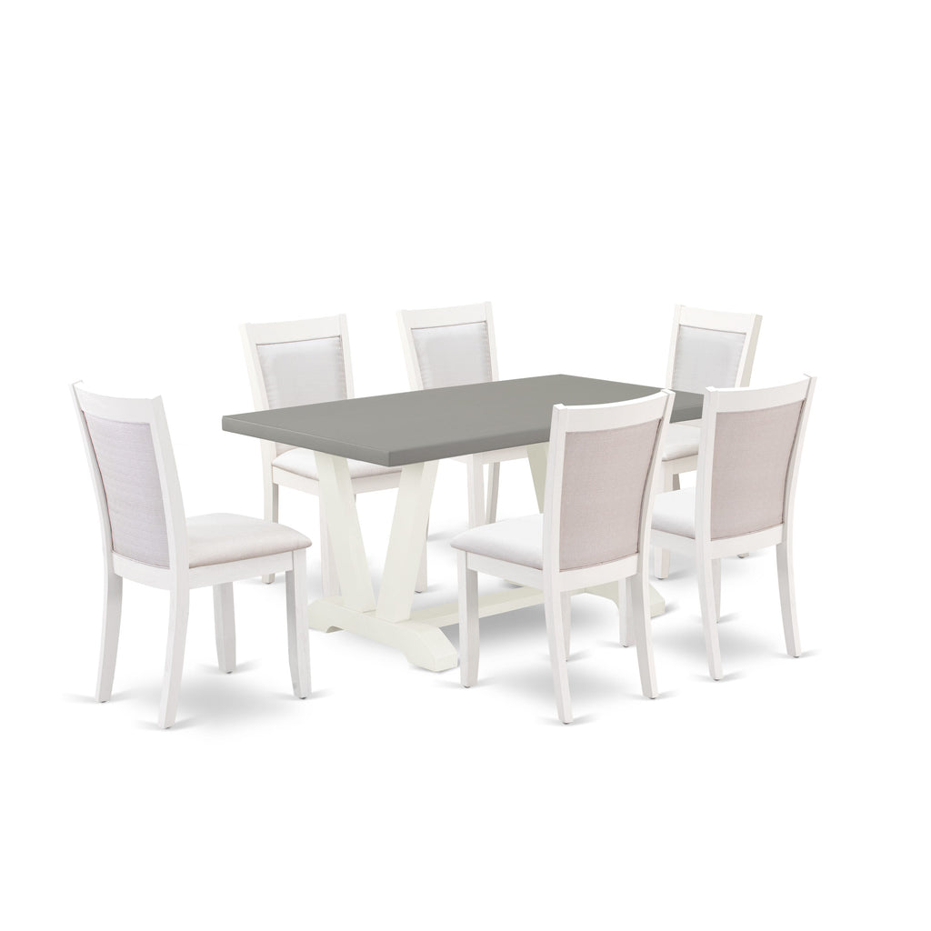 V096MW8AD-0 7-Piece Dining Ensemble with Stylish Table and Cream Linen Chairs for Classy Dining, 36x60 Inch Style, Multi-Color