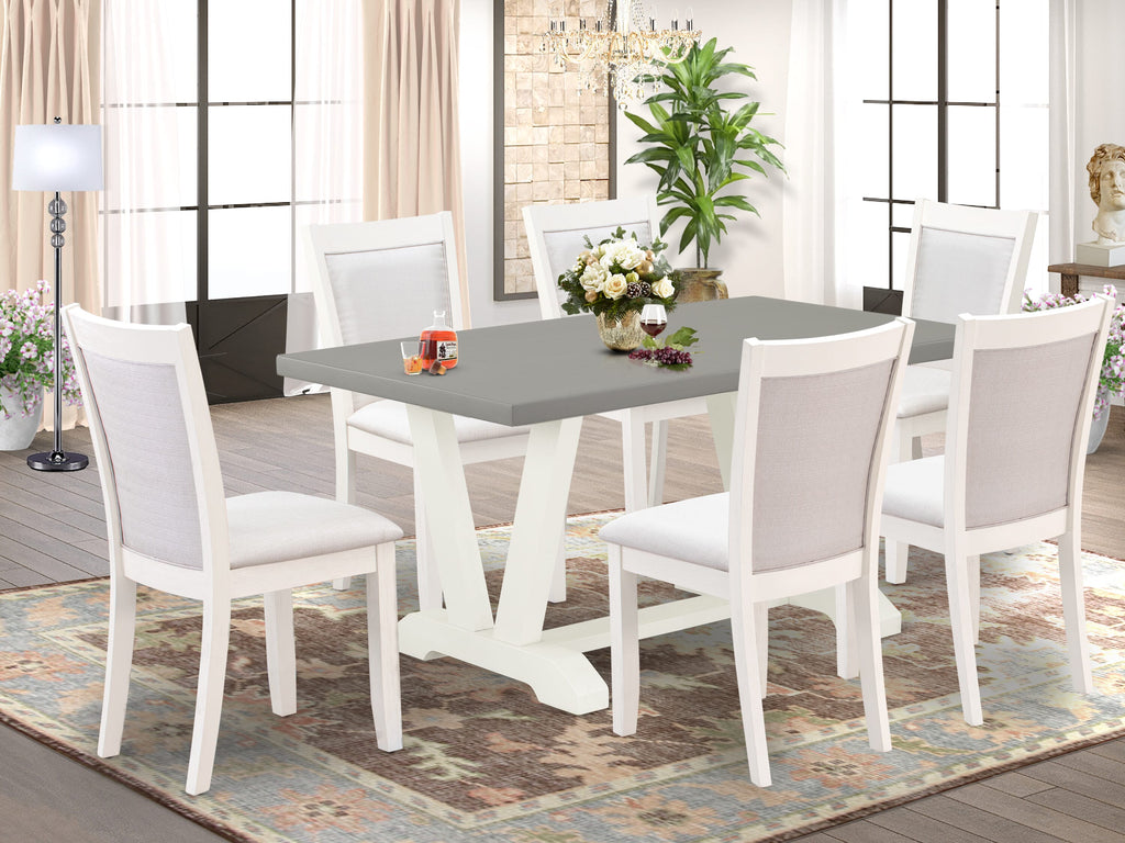 V096MW8AD-0 7-Piece Dining Ensemble with Stylish Table and Cream Linen Chairs for Classy Dining, 36x60 Inch Style, Multi-Color