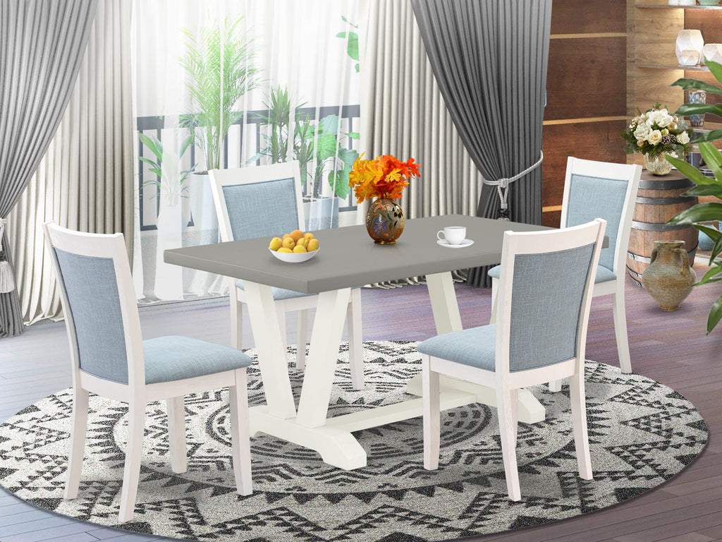 V096M9616-O 5-Piece Dining Set with V-Legs and Blue Linen Chairs, Rectangle Table 36x60 In