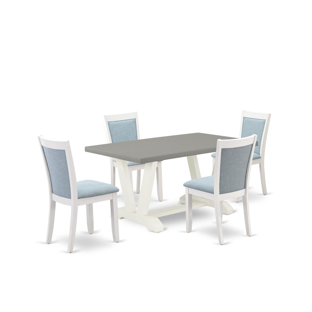 V096M9616-O 5-Piece Dining Set with V-Legs and Blue Linen Chairs, Rectangle Table 36x60 In