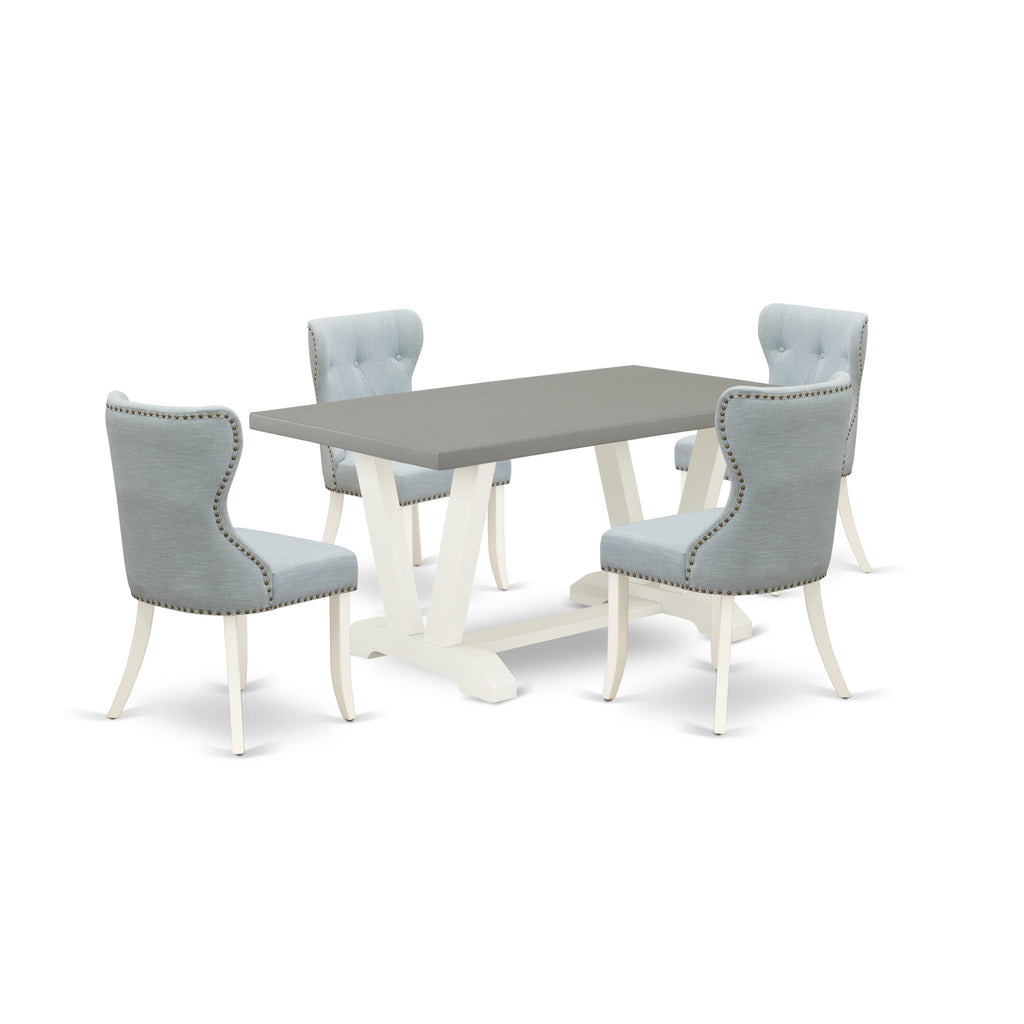 V096SR8HR-O 5-Piece Dining Ensemble Featuring V-Leg Rectangle Table & 4 Linen Upholstered Chairs, Multi-Color Delight, 36x60 Inch
