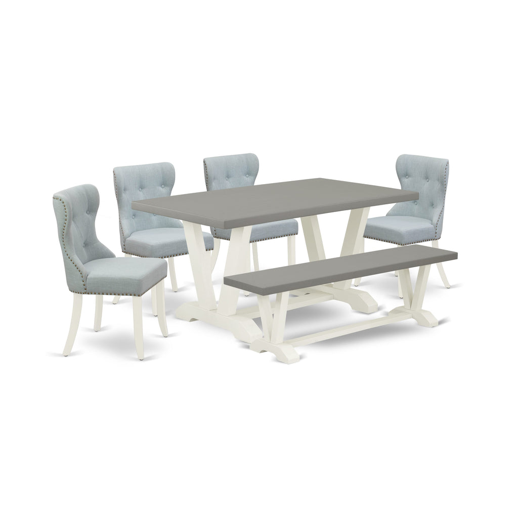 6-Piece Dining Set with 4 Blue Parson Chairs and Bench V096SUE9G-V Modern Dining Table Collection for Chic Interiors