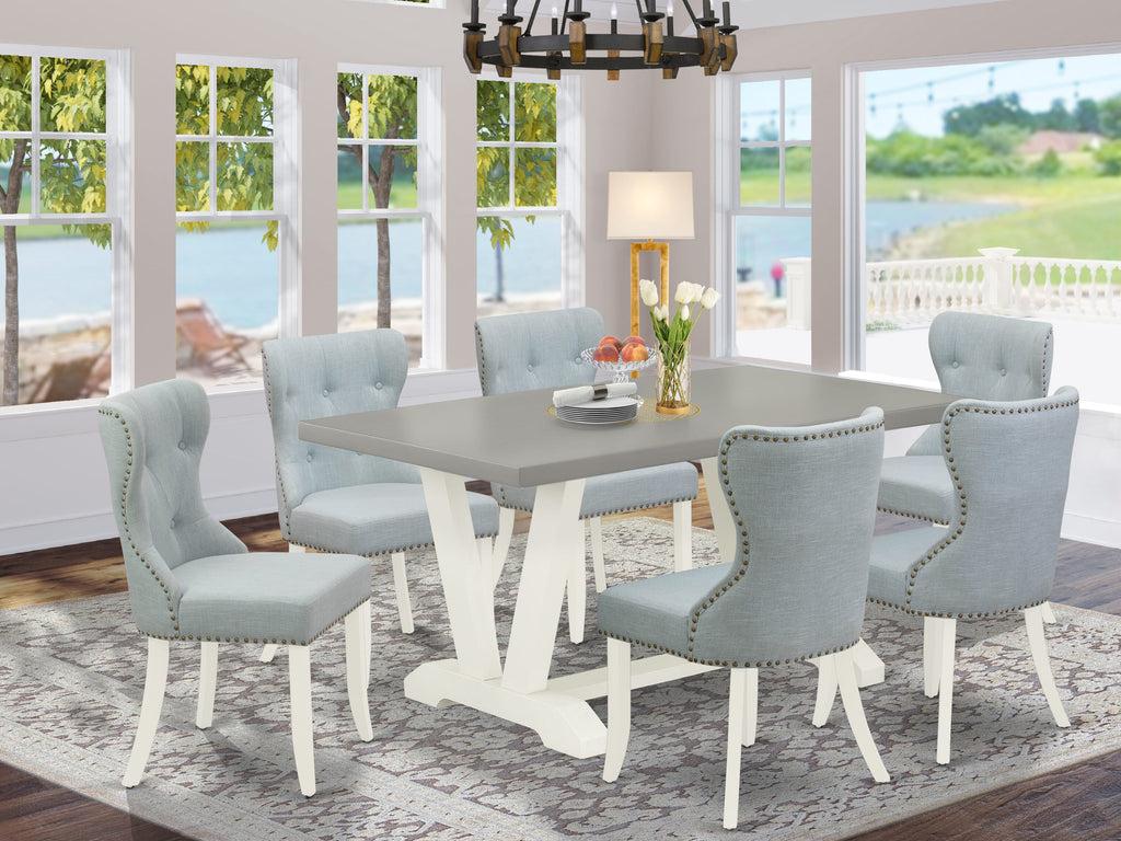 V096S8CLX-9 9-Piece Dining Room Ensemble with Rectangular Table & Six Blue Upholstered Chairs, Multi-color