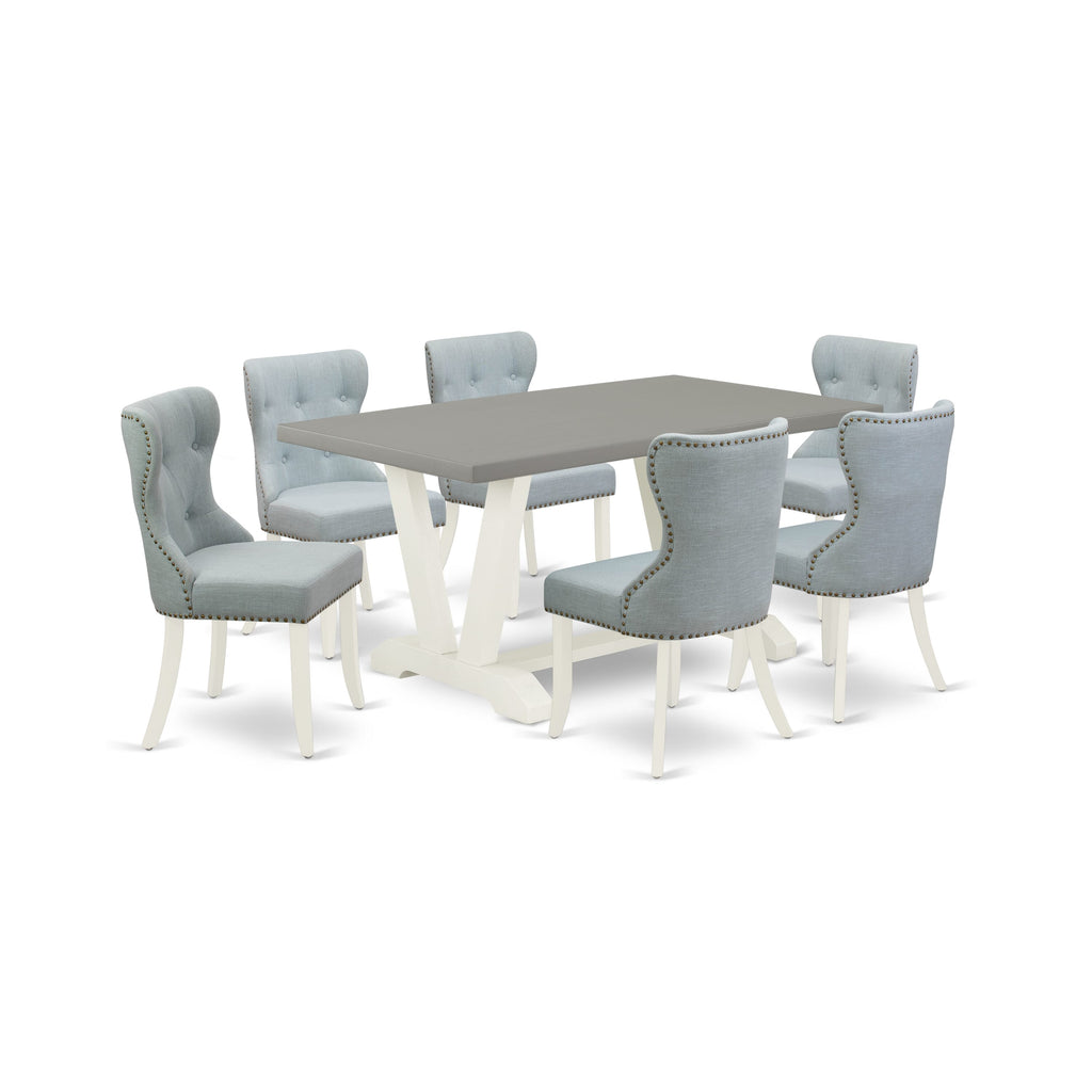V096S8CLX-9 9-Piece Dining Room Ensemble with Rectangular Table & Six Blue Upholstered Chairs, Multi-color