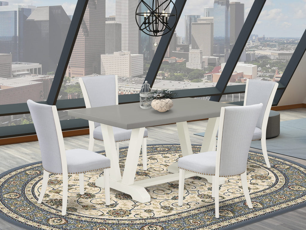 Five-Piece Dining Suite V096VC7IO-P Elegant Rectangle Table with V-Shaped Supports and Four Upholstered Grey Chairs