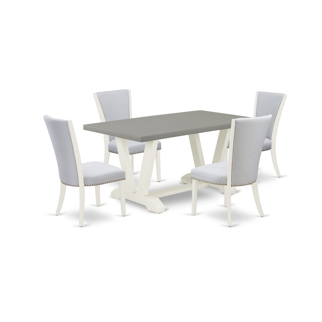 Five-Piece Dining Suite V096VC7IO-P Elegant Rectangle Table with V-Shaped Supports and Four Upholstered Grey Chairs