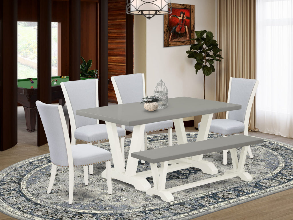 V096V3E4R-Y Elegant Dining Ensemble 6-Piece Set with V-Legged Table, Grey Chairs & Bench