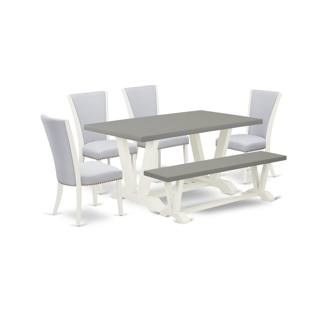V096V3E4R-Y Elegant Dining Ensemble 6-Piece Set with V-Legged Table, Grey Chairs & Bench