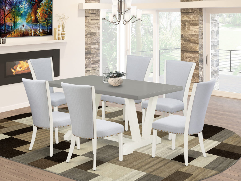 V096VXNU0-K Dine Delight Set Rectangle Table with V-Legs & Six Linen Parsons Chairs, 36x60 Multi-Color