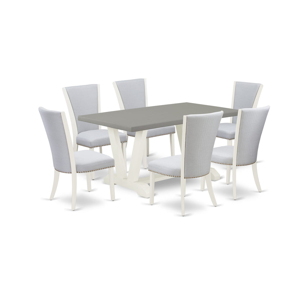 V096VXNU0-K Dine Delight Set Rectangle Table with V-Legs & Six Linen Parsons Chairs, 36x60 Multi-Color