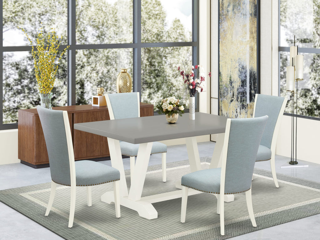 5-Piece V096VKV3Z-I Dining Ensemble with Stylish V-Leg Table and Four Elegant Baby Blue Padded Parson Chairs, 36x60 Multi-Color
