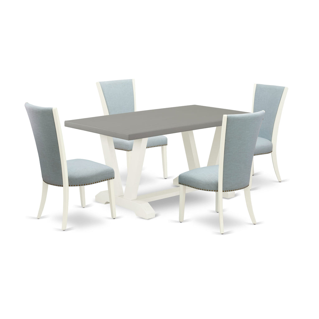5-Piece V096VKV3Z-I Dining Ensemble with Stylish V-Leg Table and Four Elegant Baby Blue Padded Parson Chairs, 36x60 Multi-Color