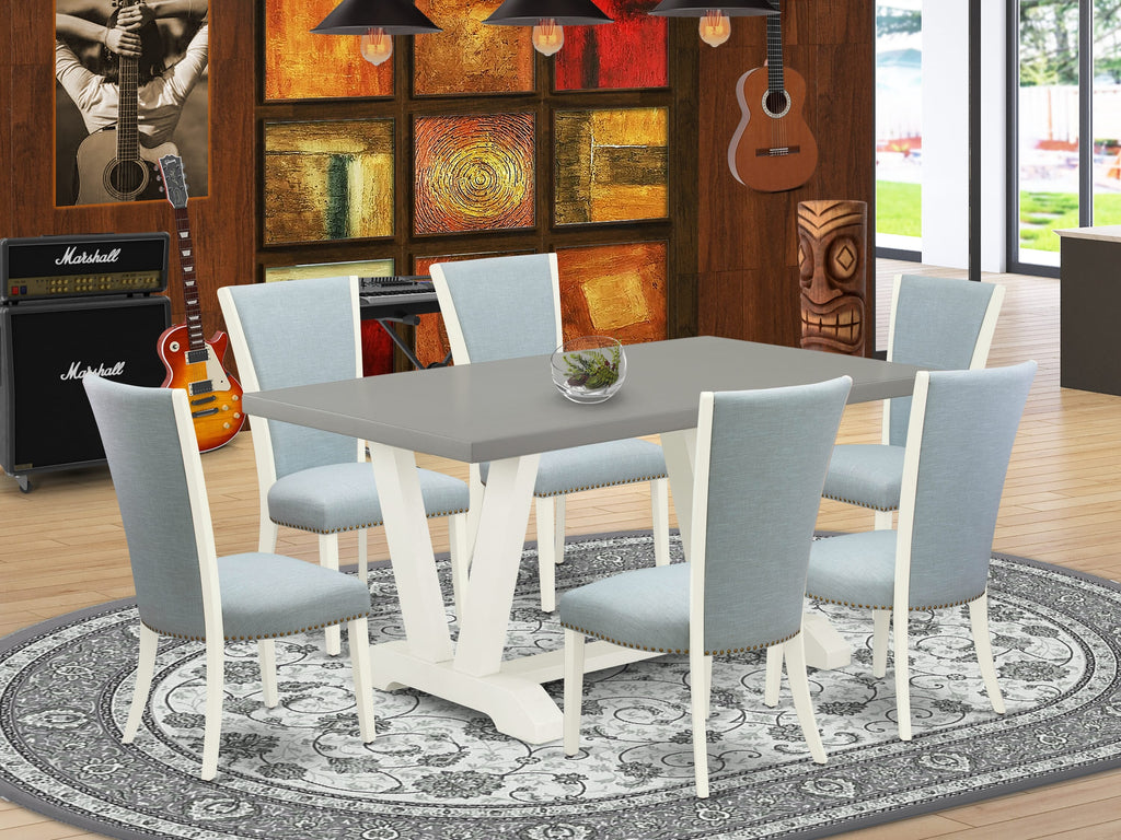 V096VK3MG-B 7-Piece Dining Set Rectangular Table with Stylish V-Legs & Overstuffed Blue Linen Seats, 36x60 Multi-Color