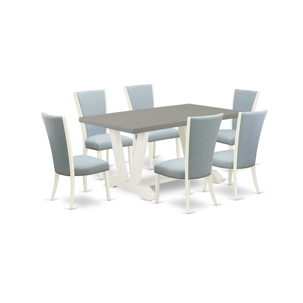 V096VK3MG-B 7-Piece Dining Set Rectangular Table with Stylish V-Legs & Overstuffed Blue Linen Seats, 36x60 Multi-Color