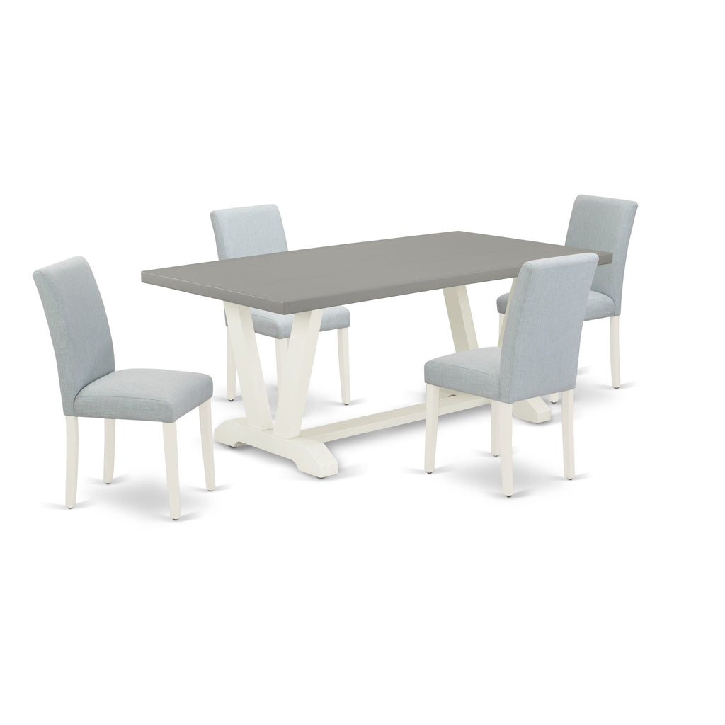 V097AS982-Z 5 Piece Dining Set with Rectangular Table & V-Leg Design, Includes 4 Linen Upholstered Chairs in Baby Blue, Multi