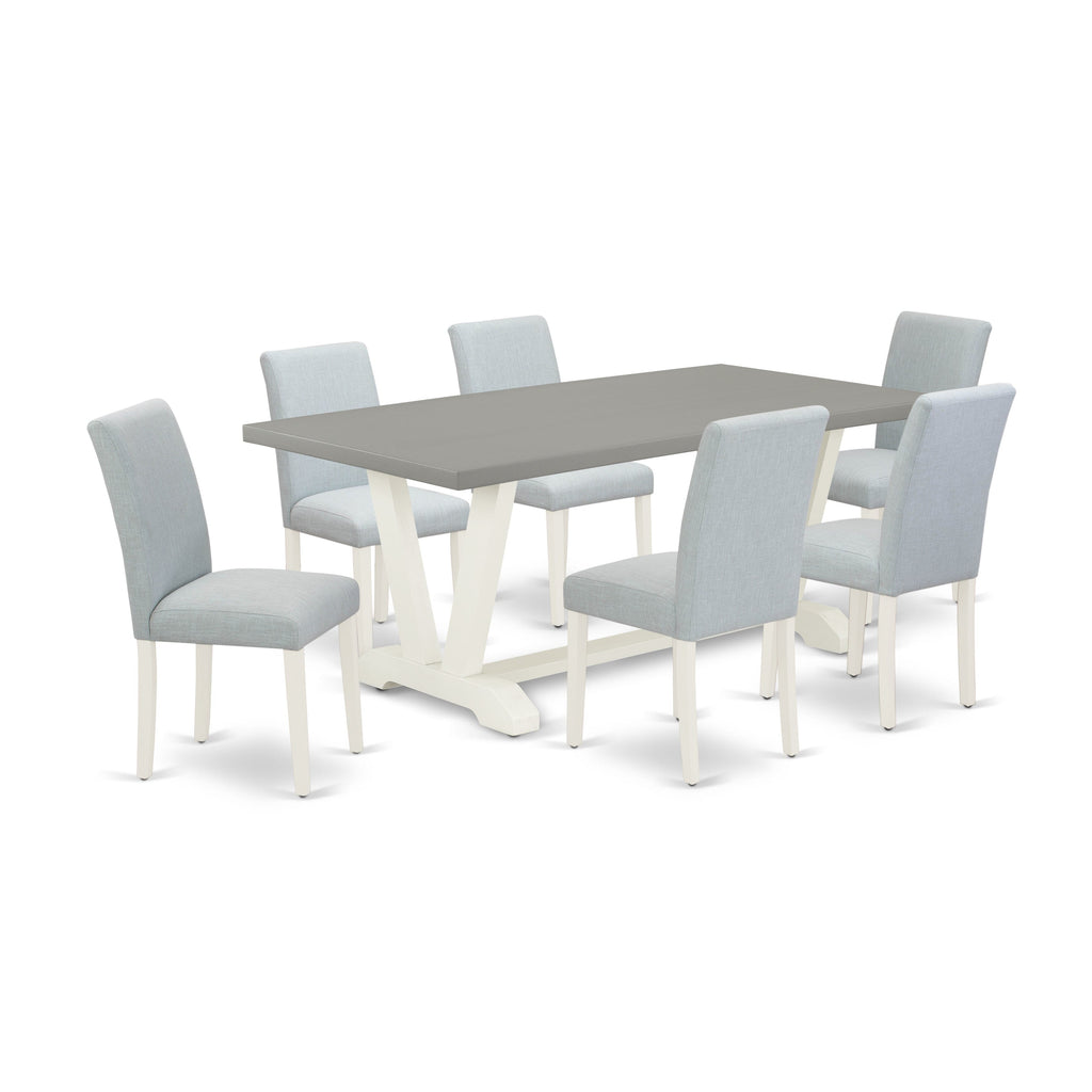 V097AA677-X 7-Piece Rectangular Dining Table Collection with V-Legs & 6 Blue Linen Parsons Chairs