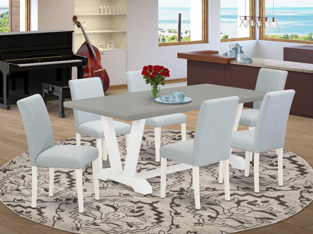 V097AA677-X 7-Piece Rectangular Dining Table Collection with V-Legs & 6 Blue Linen Parsons Chairs