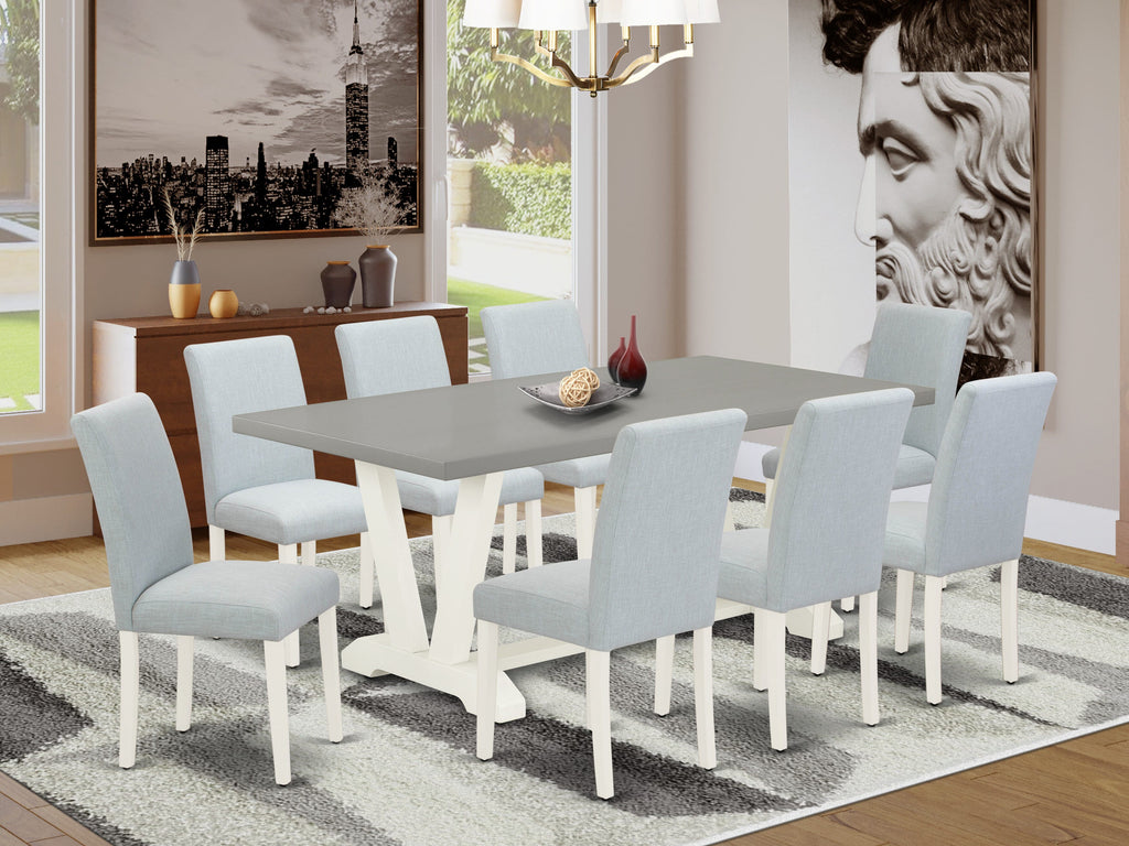 V097ANJ37-G 9 Piece Dining Set with V-Leg Table & Linen Fabric Chairs in Baby Blue, 40x72 In.