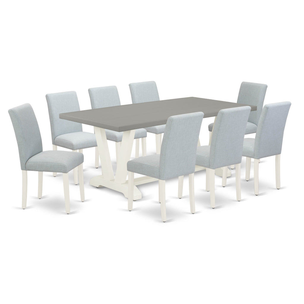 V097ANJ37-G 9 Piece Dining Set with V-Leg Table & Linen Fabric Chairs in Baby Blue, 40x72 In.