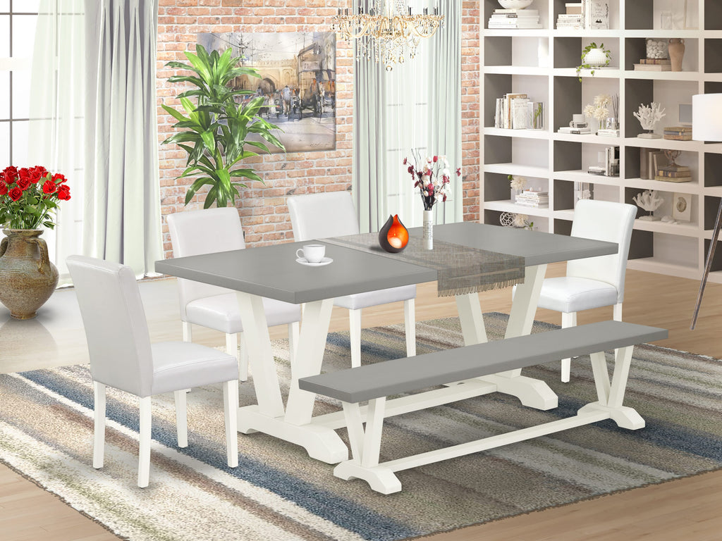 V097A22AW-9 6-Pc Set Rectangular Dining Table with V-Legs, 4 White Seats, and Bench, 40x72 in Multi-Color
