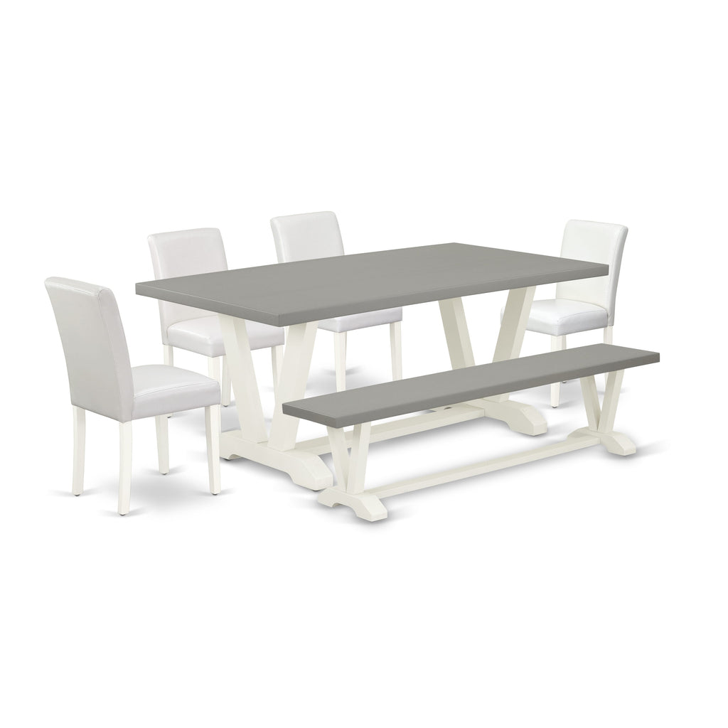 V097A22AW-9 6-Pc Set Rectangular Dining Table with V-Legs, 4 White Seats, and Bench, 40x72 in Multi-Color