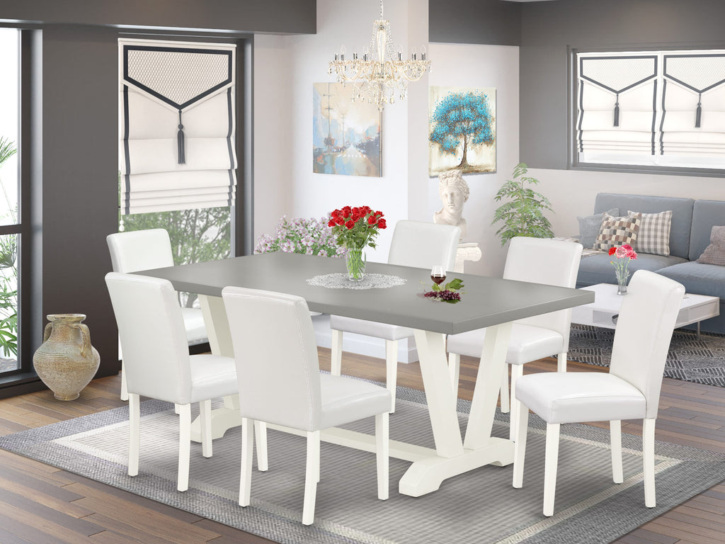 V097AW7RT-2 Contemporary 7-Piece Dining Ensemble with V-Leg Table & 6 Parson Chairs in White Faux Leather