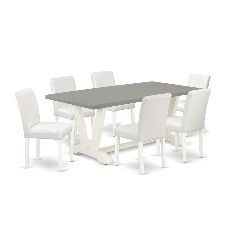V097AW7RT-2 Contemporary 7-Piece Dining Ensemble with V-Leg Table & 6 Parson Chairs in White Faux Leather