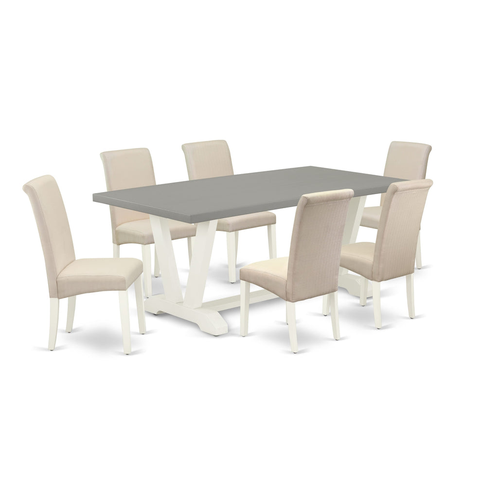 Stylish V097BXLRB-0 7-Piece Dining Set Rectangle Table & 6 Cream Parson Chairs with Elegant V-Legs