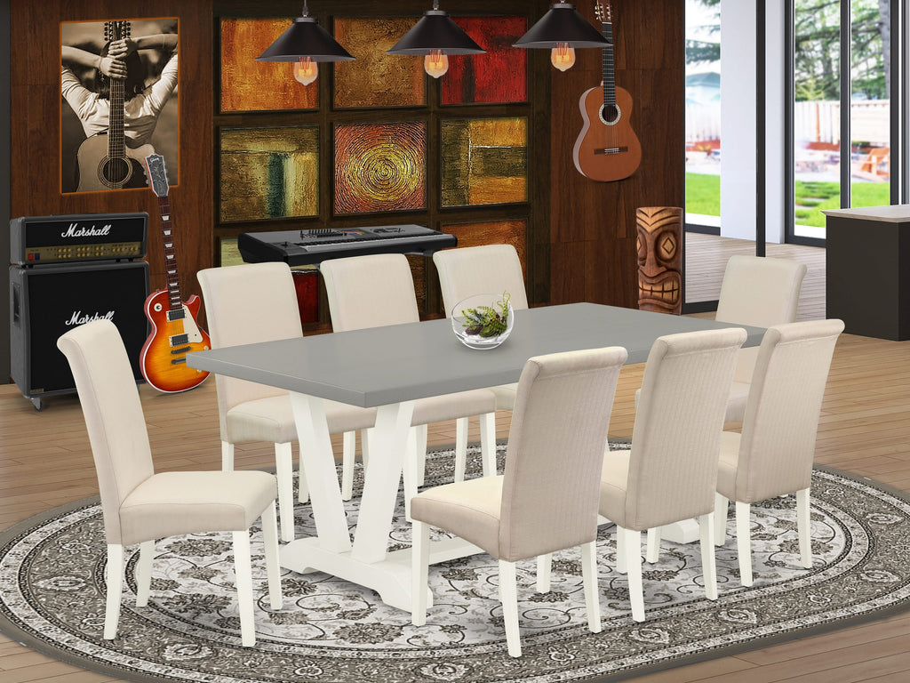 V097BFPMC-E Embellished Dining Ensemble with Rectangle Table and 8 Linen Chairs, Multi-Color Design, 40x72 Inch