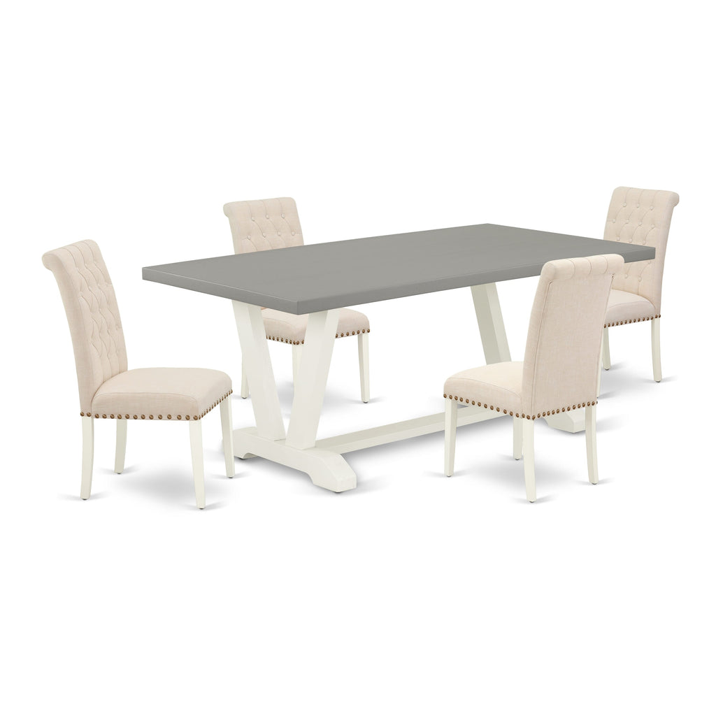 V097BOMUO-4 5-Piece Dining Ensemble featuring V-Leg Table & 4 Light Beige Fabric Chairs, 40x72 Inch, Multi-Hued
