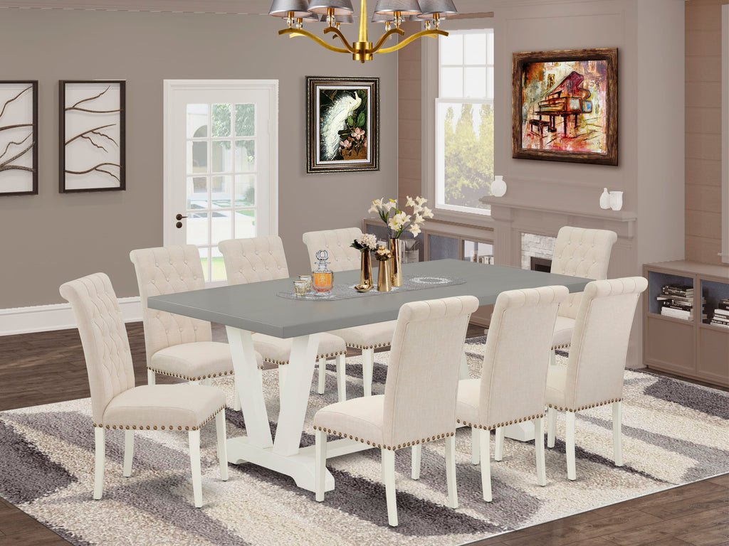 V097BLKAD-U 9-Piece Dining Ensemble with V-Leg Table & 8 Linen Parsons Chairs, Multi
